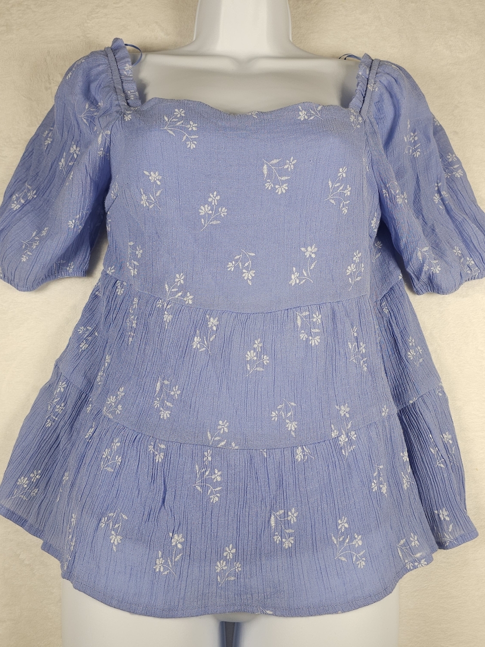 June & Ivy Blue Floral Babydoll Top Women’s Small Puff Sleeve Tiered Gauze Boho
